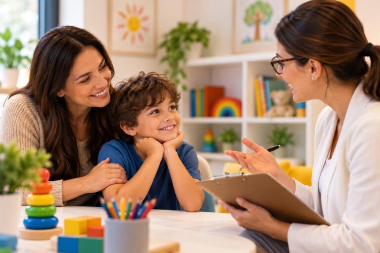 Mãe e filho sorridentes durante sessão de terapia infantil no ABC com a psicóloga da Clínica Psicokids, acompanhando o progresso.