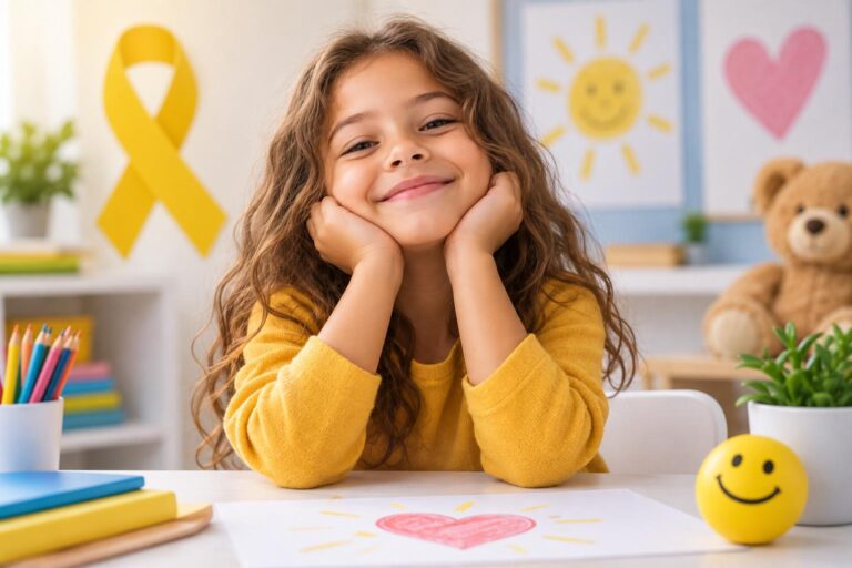 Menina sorridente de blusa amarela apoiada em mesa com desenhos. Fundo com laço do Setembro Amarelo. Saúde mental infantil no ABC.