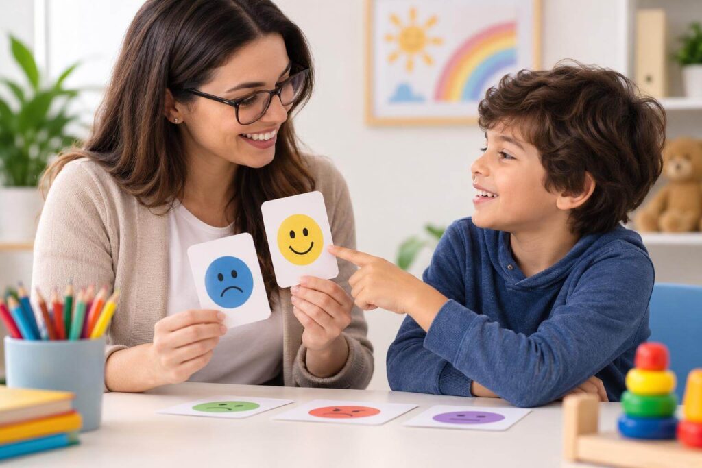 Psicóloga mostrando cartões de emoções para menino sorridente durante sessão de terapia cognitivo-comportamental para crianças no ABC.
